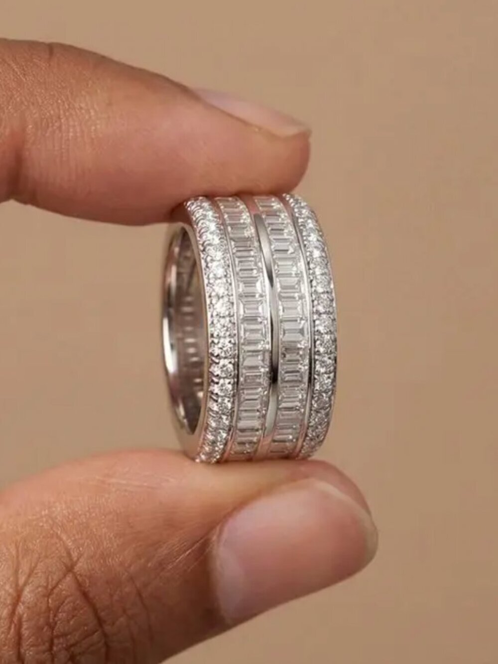 NEW 18k White Gold Diamond Ring Band Baguette Cut Ring Half Eternity Ring Band